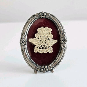 Vintage Miniature Oval Picture Frame w/ Lace Angel Insert Silver Tone Easel Back